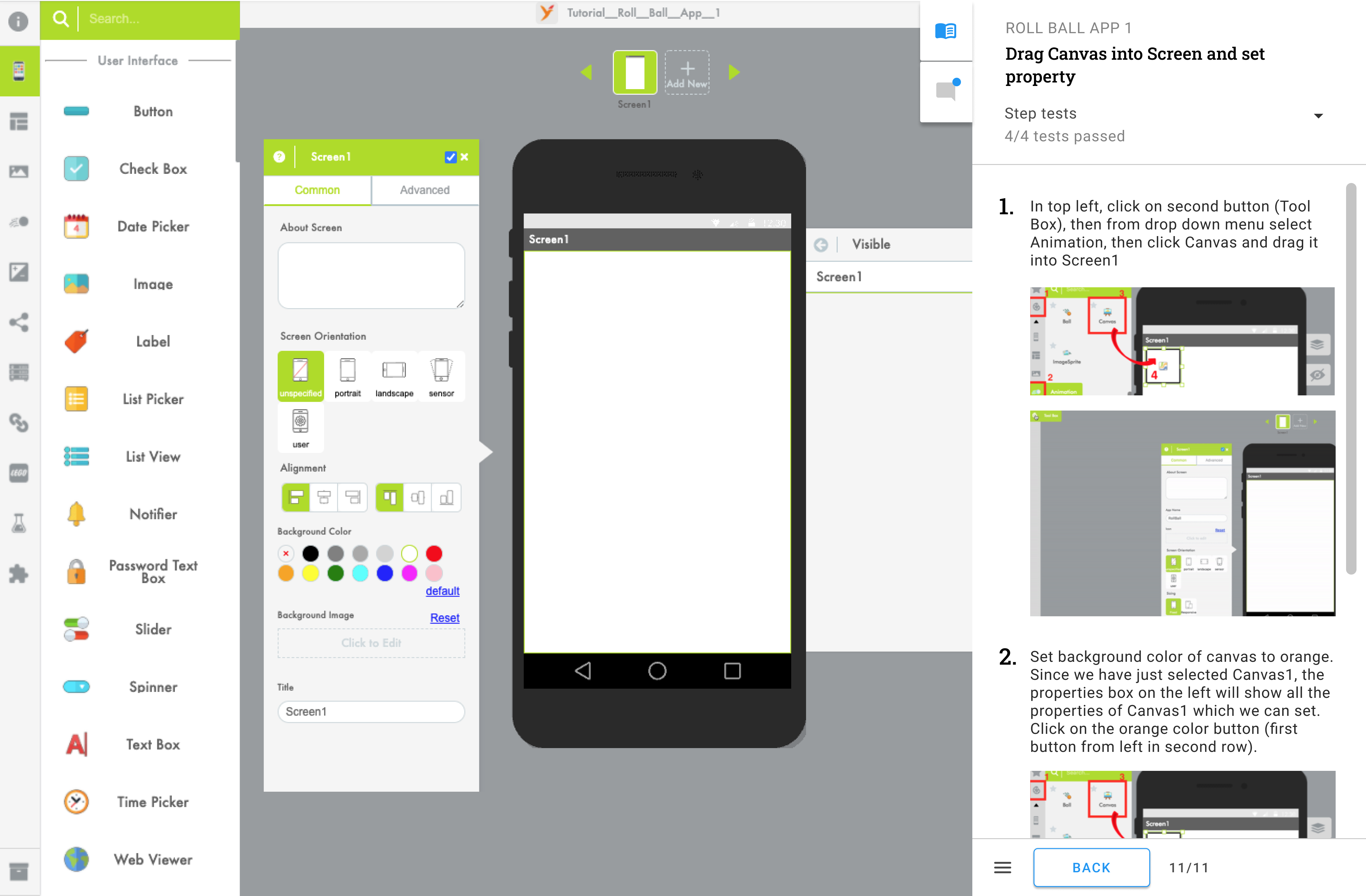 Built-in step-by-step tutorial for learning app-building with youCodia.